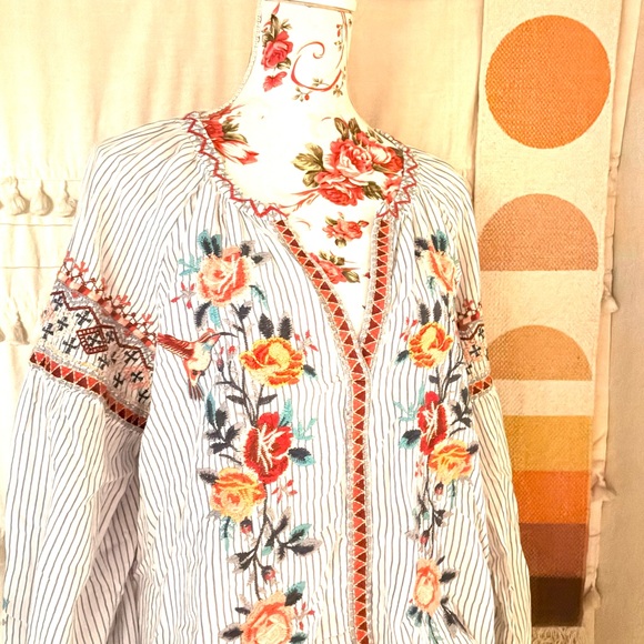 Johnny Was Tops - Johnny Was Blue and White Striped Embroidered Colorful Blouse
